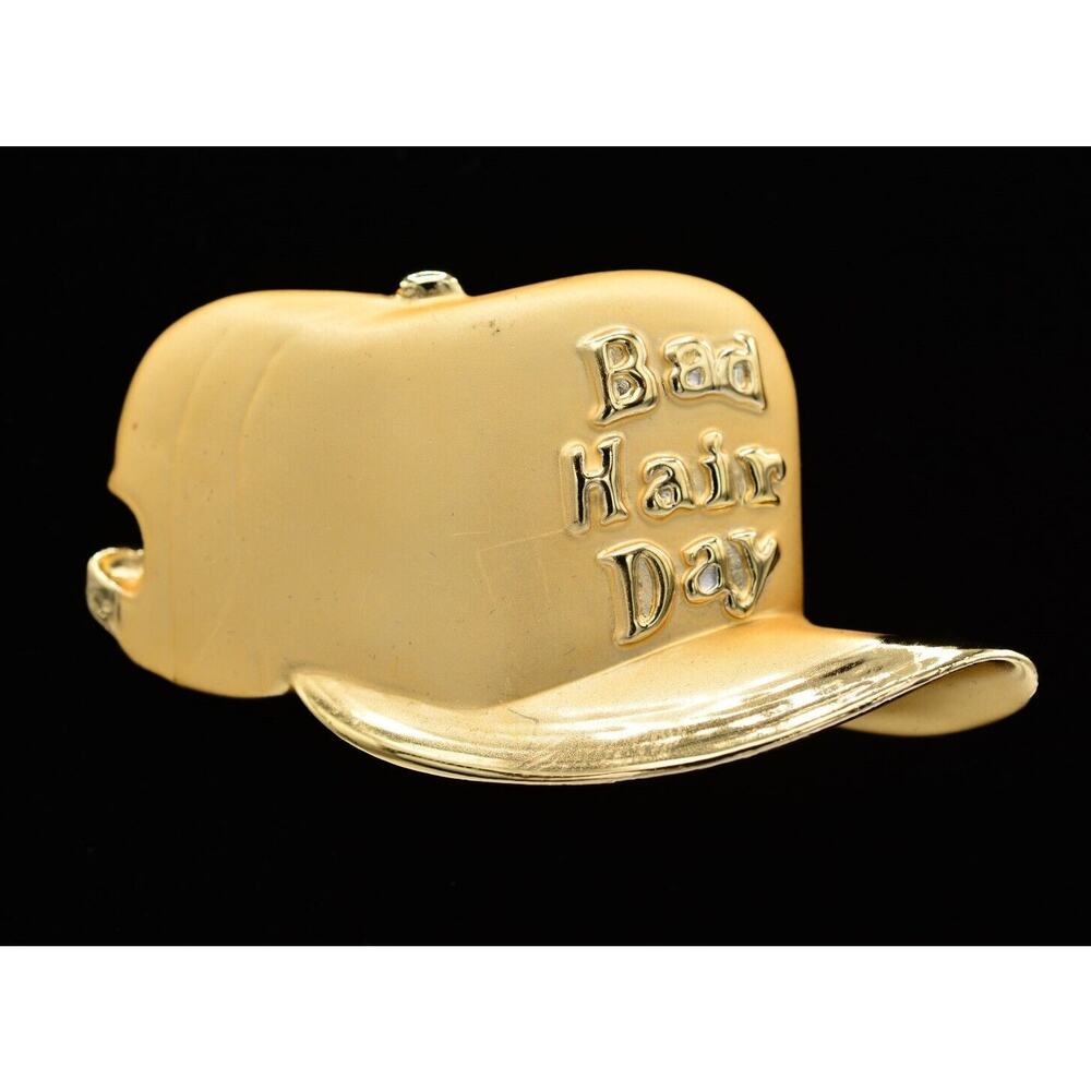 Vintage AJC Bad Hair Day Pin Brooch Brushed Gold Hat Cap Signed NOS 80s Jewerly